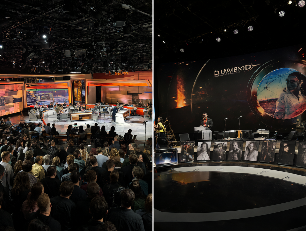 Comparación visual entre un estudio de grabación de televisión y un set de producción de DVD.