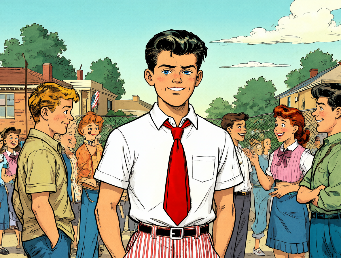 Retrato de Archie Andrews con su uniforme clásico y corbata roja, rodeado de estudiantes en un patio soleado.