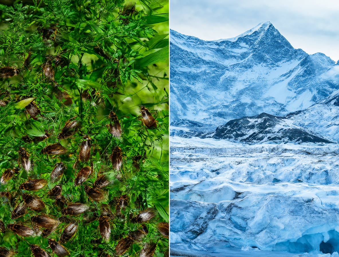 Imagen dividida mostrando un entorno tropical habitable versus el paisaje frío del sur de Chile.