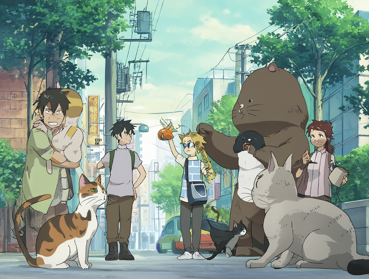 Ilustración de personajes felinos del anime Sketchbook interactuando en una escena urbana.