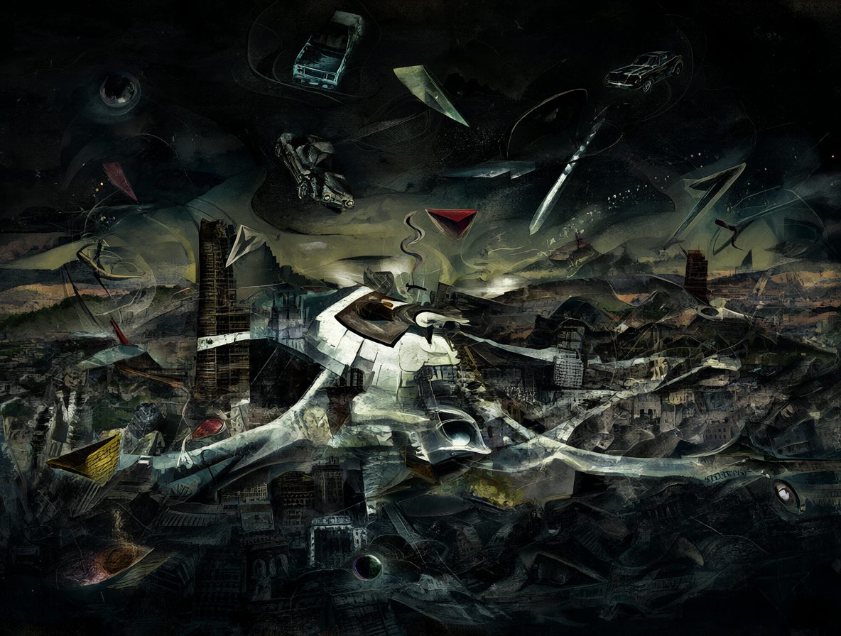 Ilustración surrealista mostrando la distorsión de la realidad física frente a los símbolos oníricos.