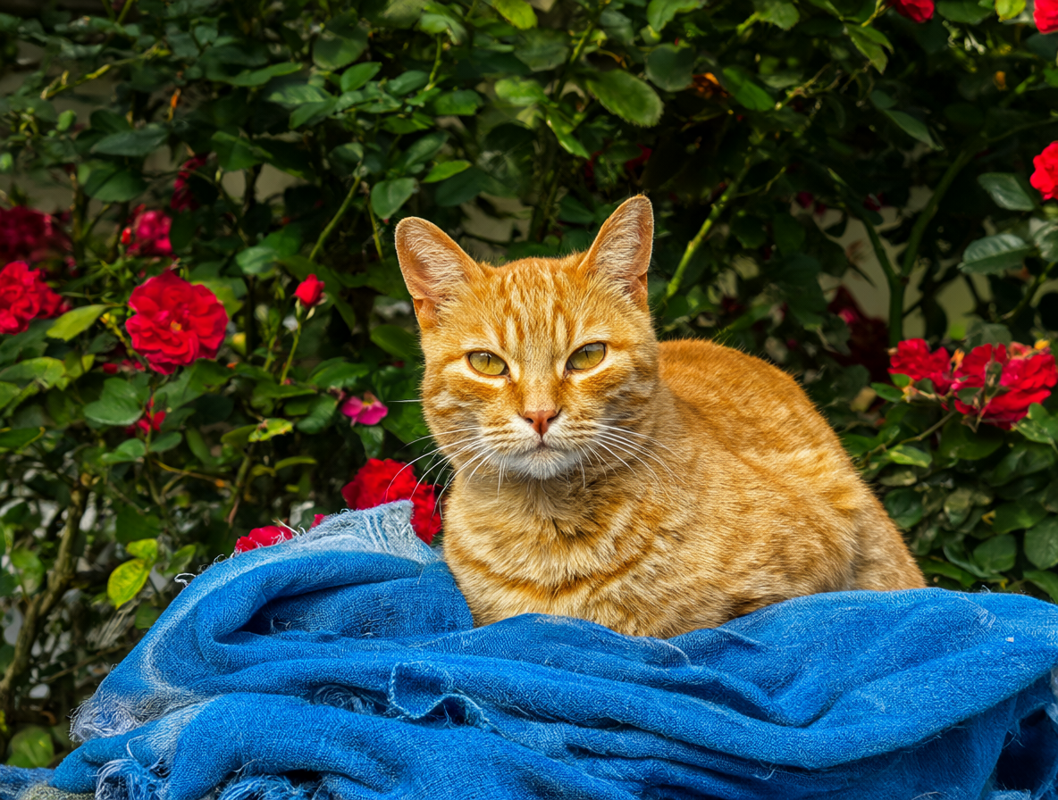 Un gato naranja sobre una polera azul rodeado de rosas