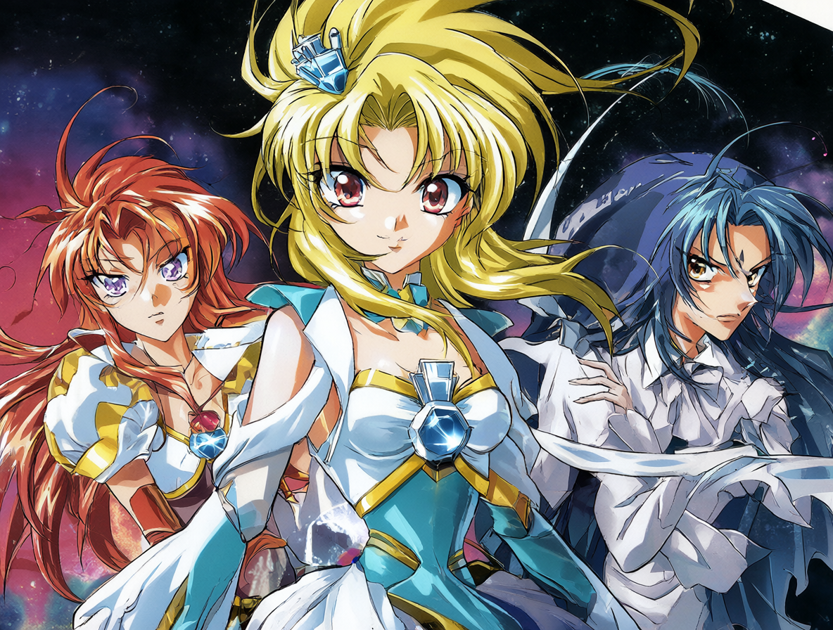 Diseño visual destacando a los personajes de Magic Knight Rayearth y Ghost in the Shell.