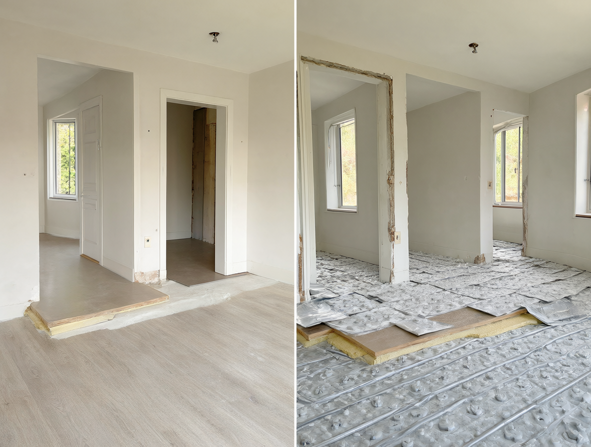 Vista comparativa de una vivienda en proceso de remodelación para adaptar las alturas del suelo a un sistema de calefacción por piso radiante.