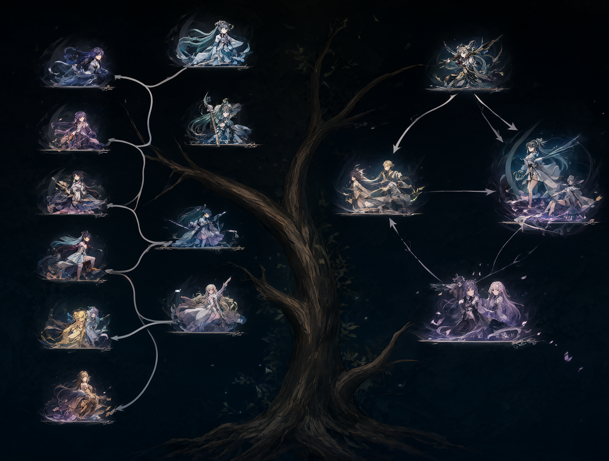 Diagrama mostrando las conexiones y separaciones dentro de la franquicia Tales.