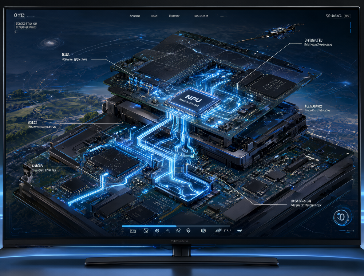 Diagrama técnico del interior de un televisor con chips NPU dedicados a la expansión de imagen.