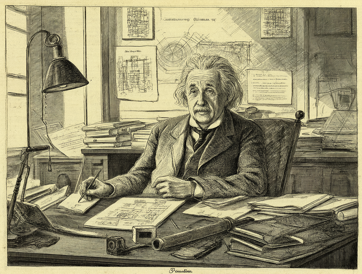 Albert Einstein sentado a una mesa con papeles en la oficina de patentes de Berna