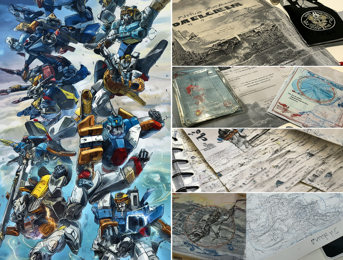 Collage mostrando robots mecha y documentos de distribución de la franquicia Patlabor