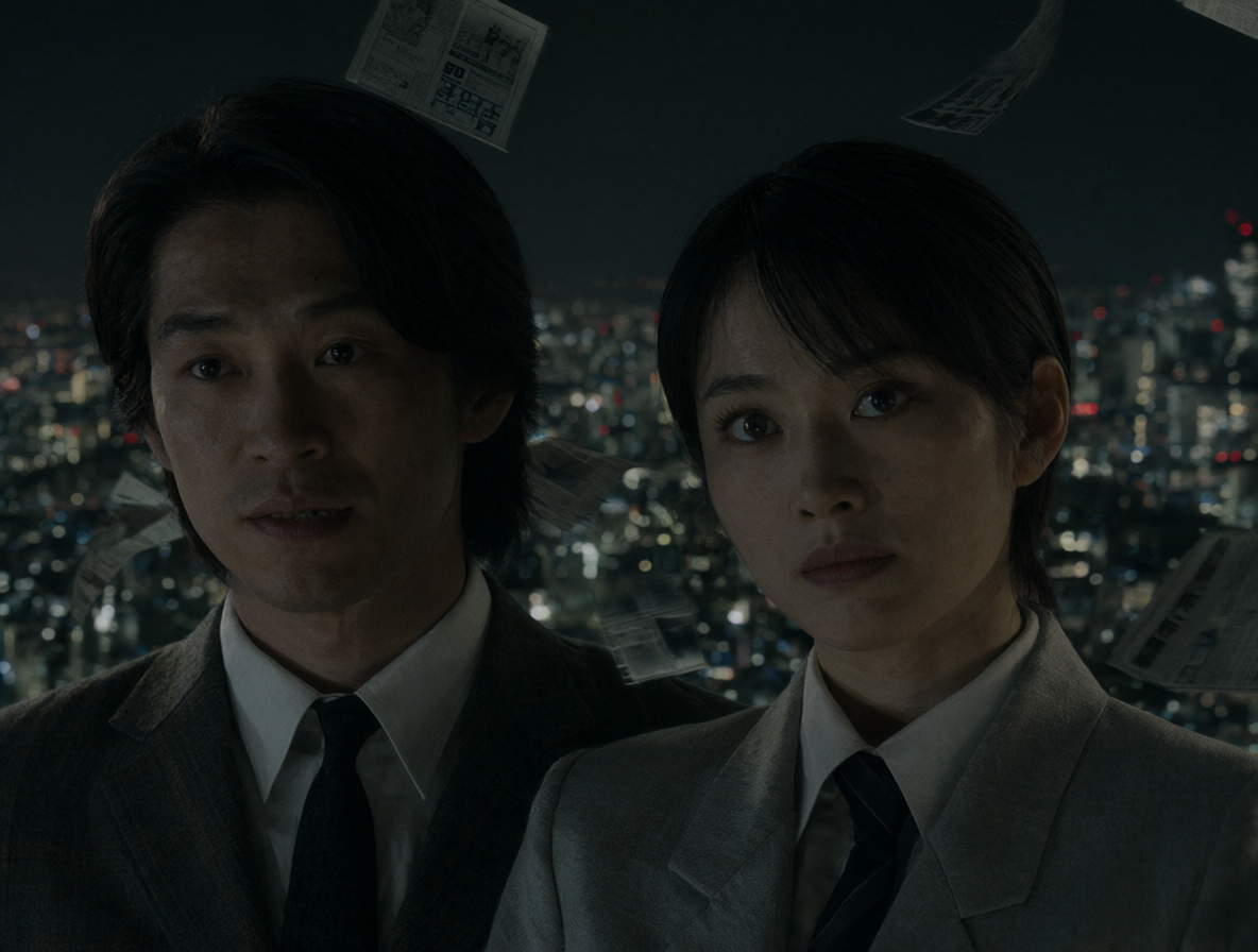 Split composition featuring Jiro Sato and Ai Hashimoto against a blurred Japanese city skyline at night, with faint newspaper headlines floating around them suggesting the media frenzy of their scandal.