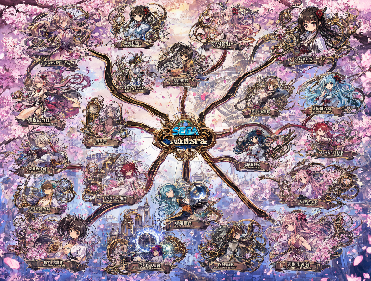 Diagrama complejo mostrando la continuidad fragmentada de la franquicia Sakura Taisen.
