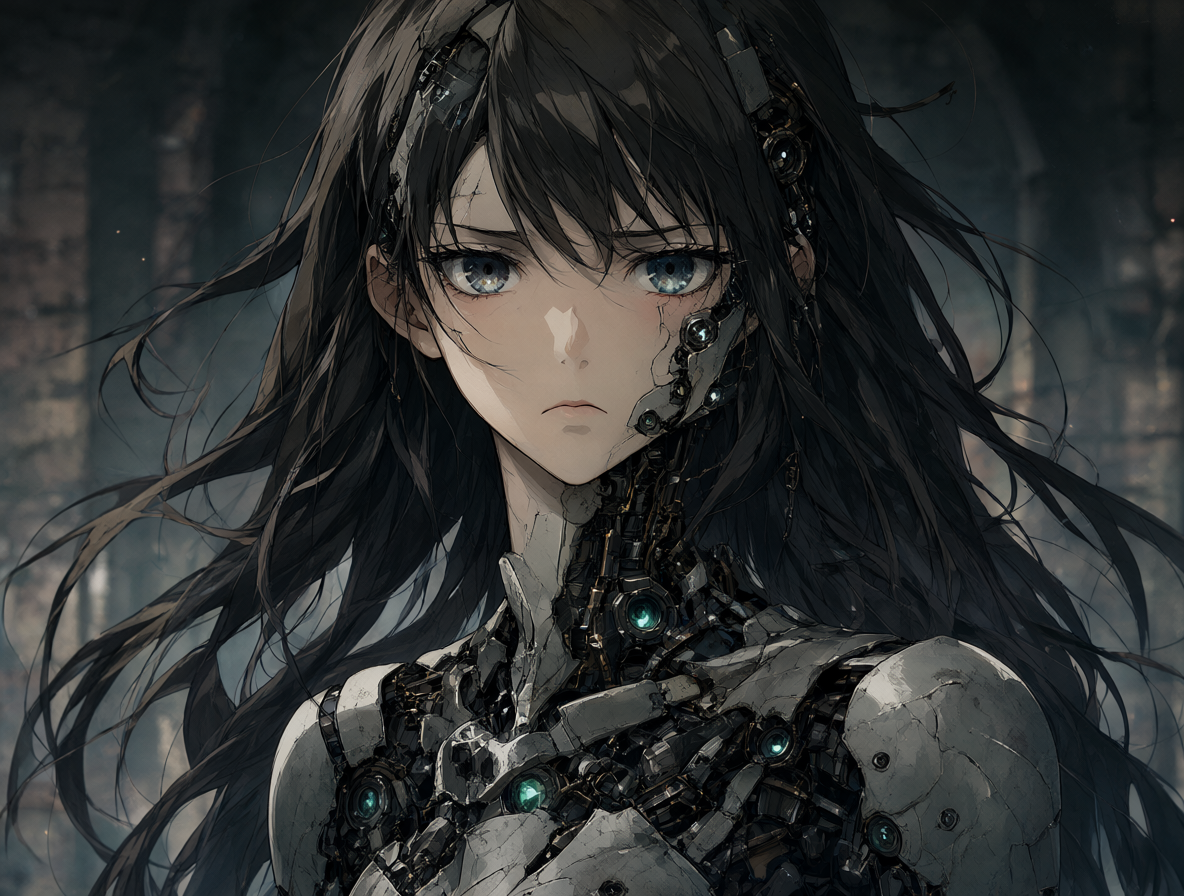 Primer plano de Chise mostrando su deterioro físico y emocional bajo un fondo oscuro.
