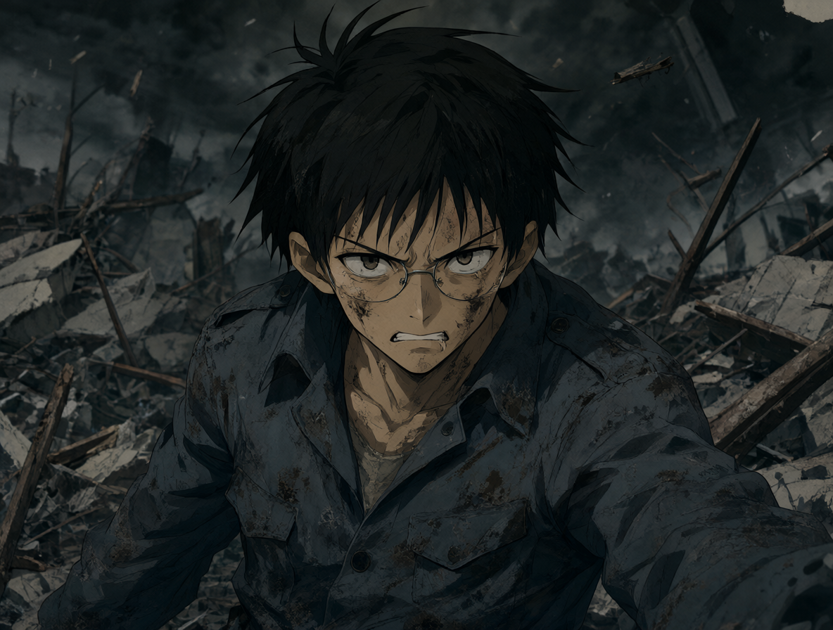 Shuji en medio de la destrucción, reflejando su incapacidad para salvar a Chise o detener la tragedia.