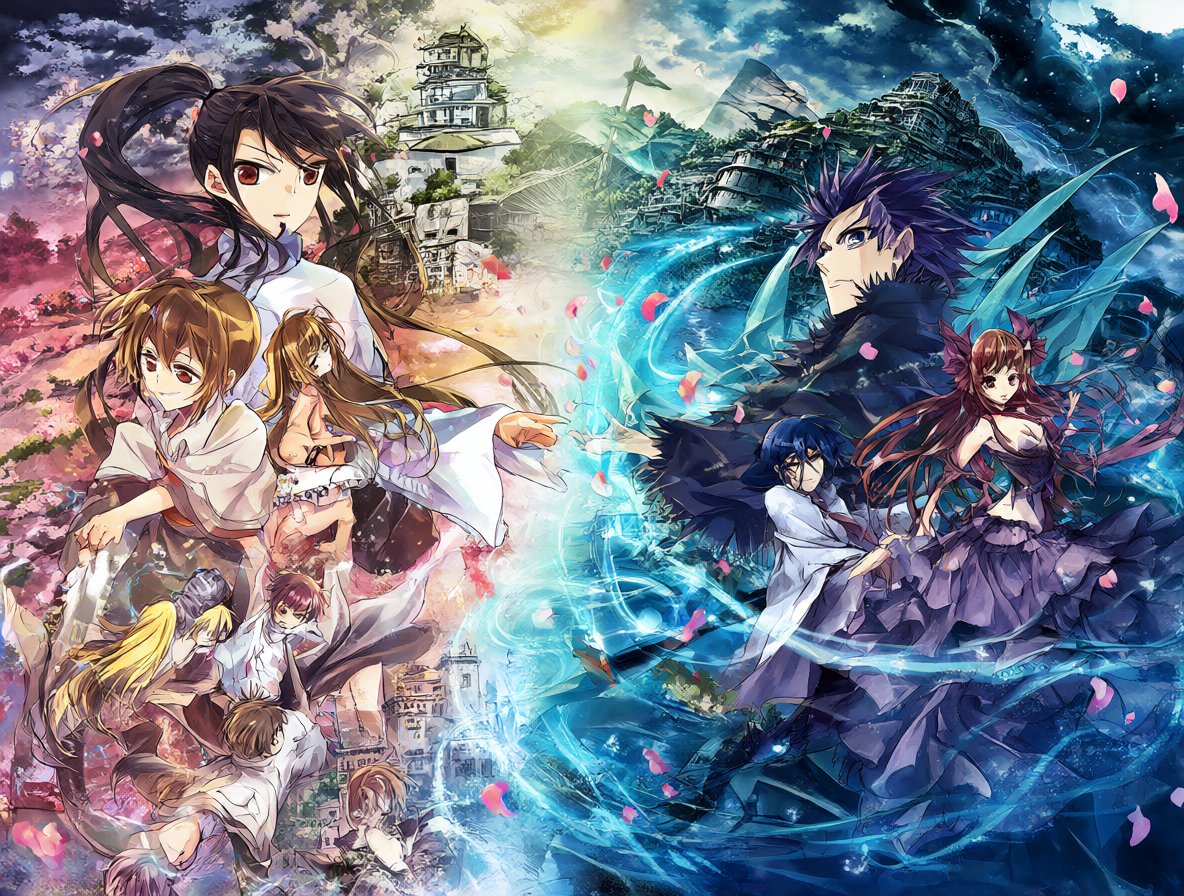 Split composition showing Higurashi characters and Umineko characters merging in a magical setting.
