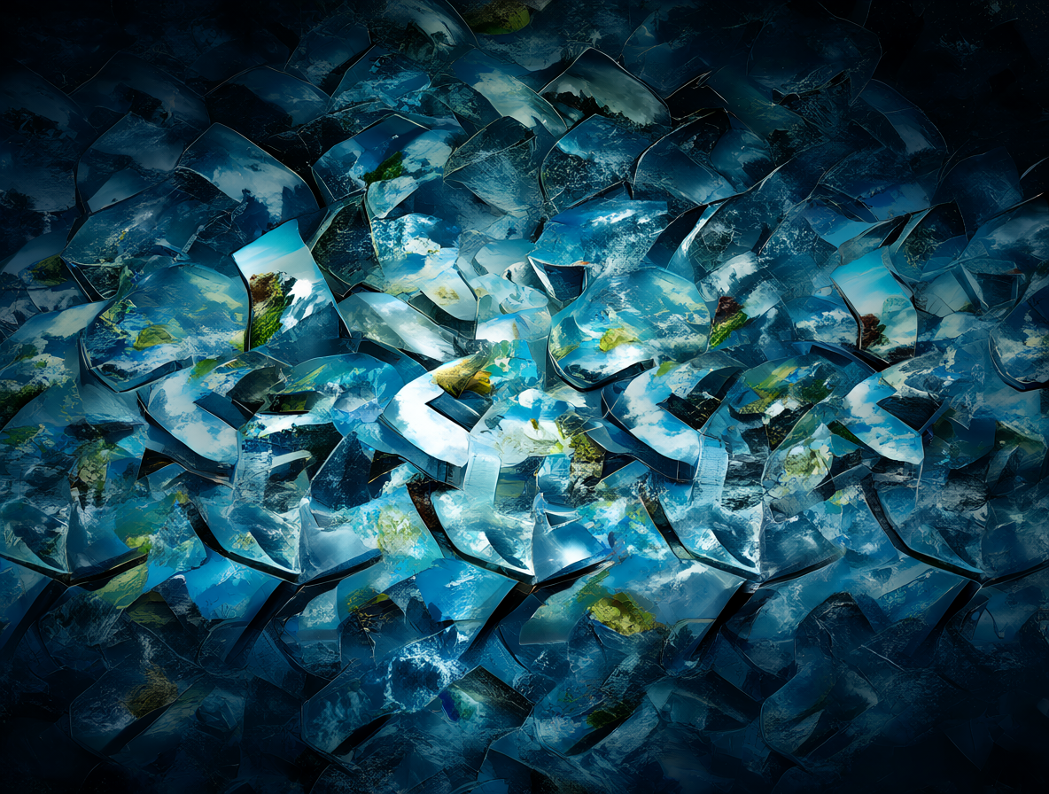 Abstract representation of fragmented worlds merging together.