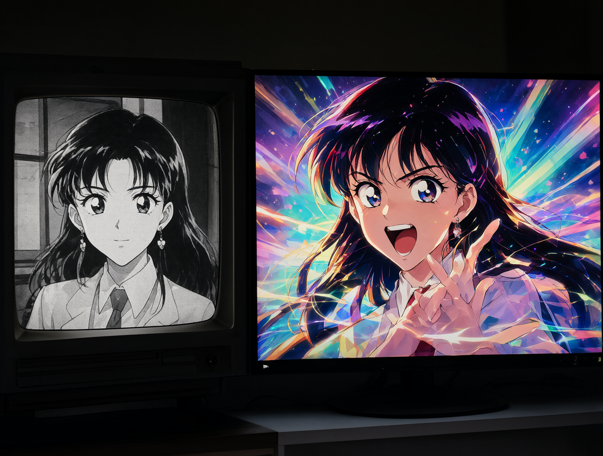 Comparativa visual entre un televisor antiguo cuadrado y un monitor moderno panorámico mostrando la evolución del anime.