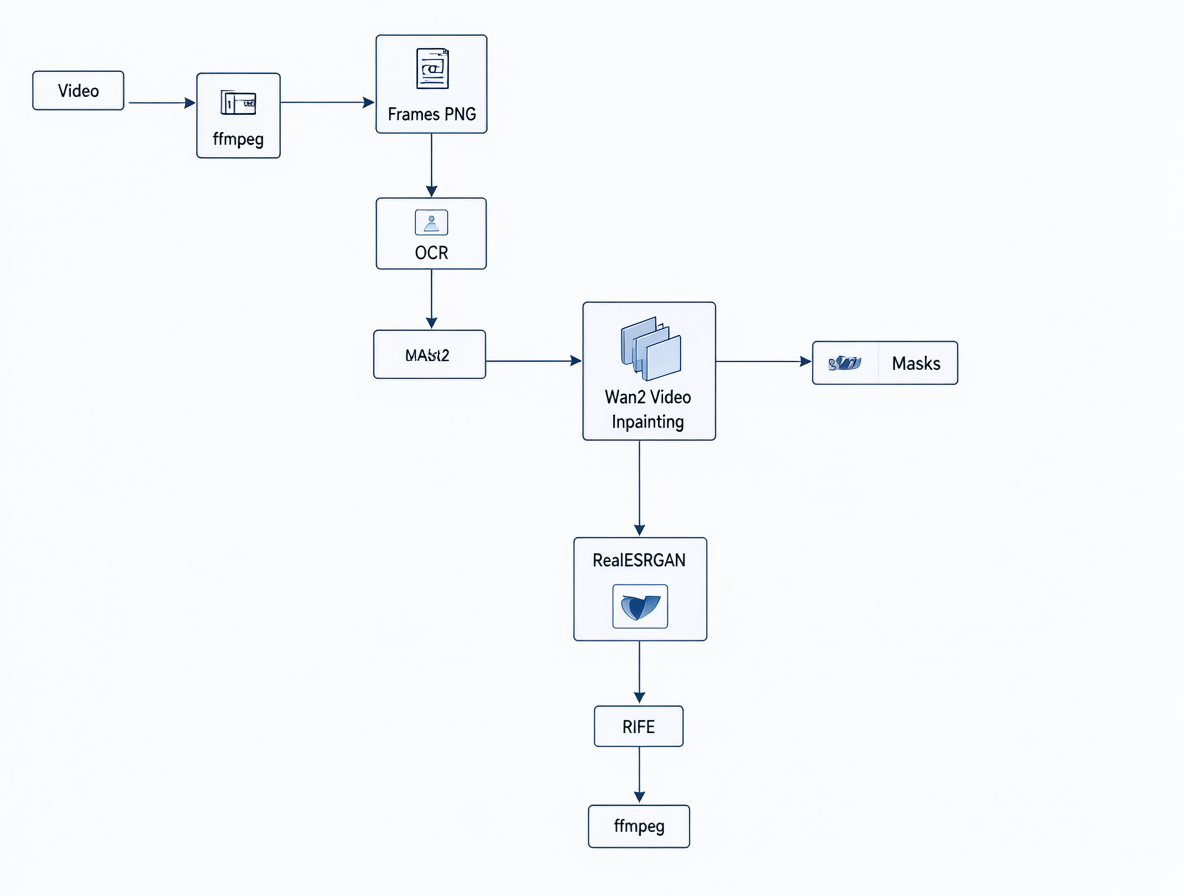 A technical flowchart diagram detailing the AI pipeline for removing overlaid text from videos using OCR, SAM2, and Wan2 inpainting models.