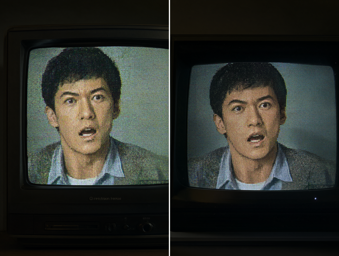 Split-screen visual comparing pixelated 4:3 CRT to crisp 16:9 display