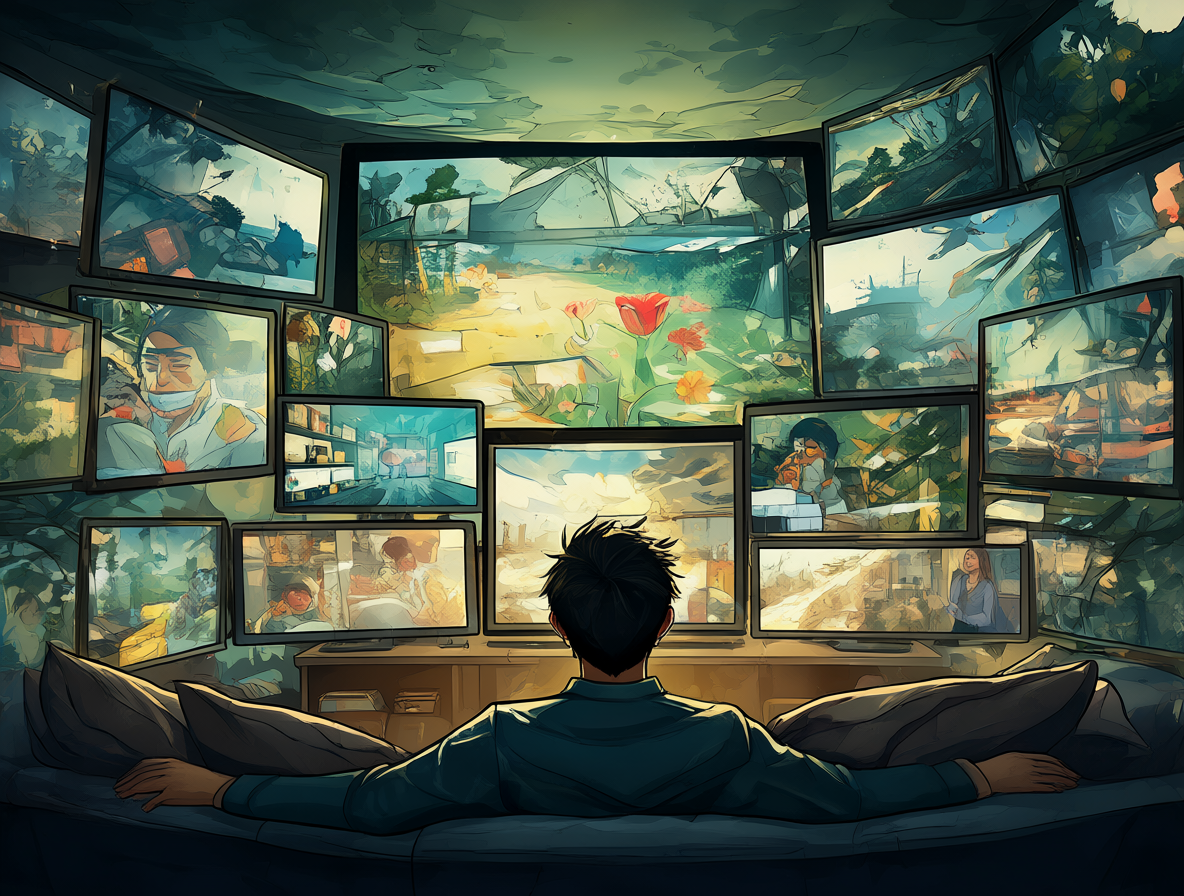 Illustration of a viewer surrounded by screens