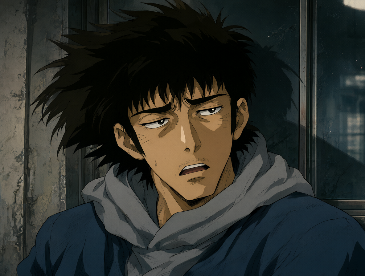 El rostro agotado del protagonista principal.