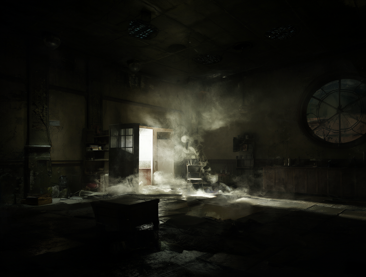 Escenario oscuro y misterioso dentro de una estación espacial.