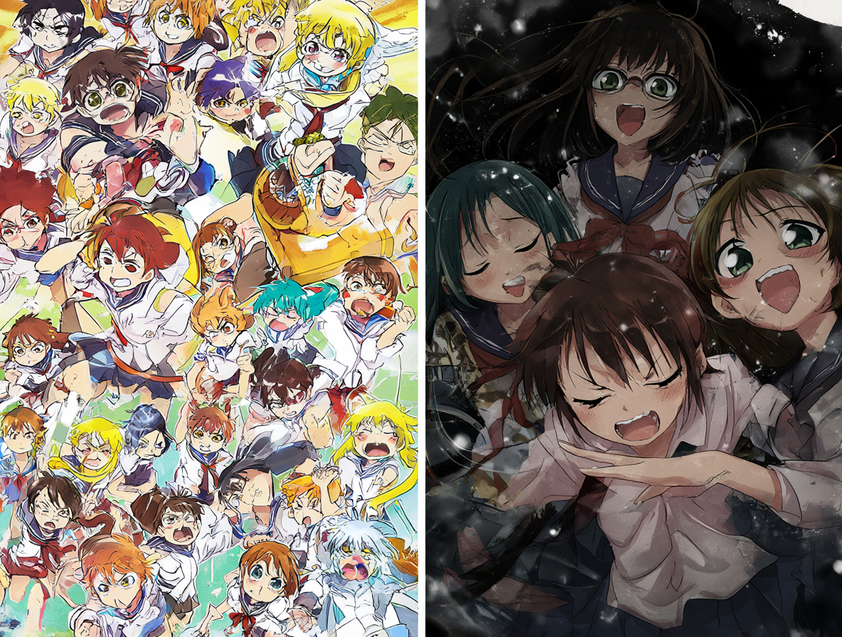 Imagen dividida mostrando escenas de los anime Mitsudomoe y Kodomo no Jikan para comparar su estilo.