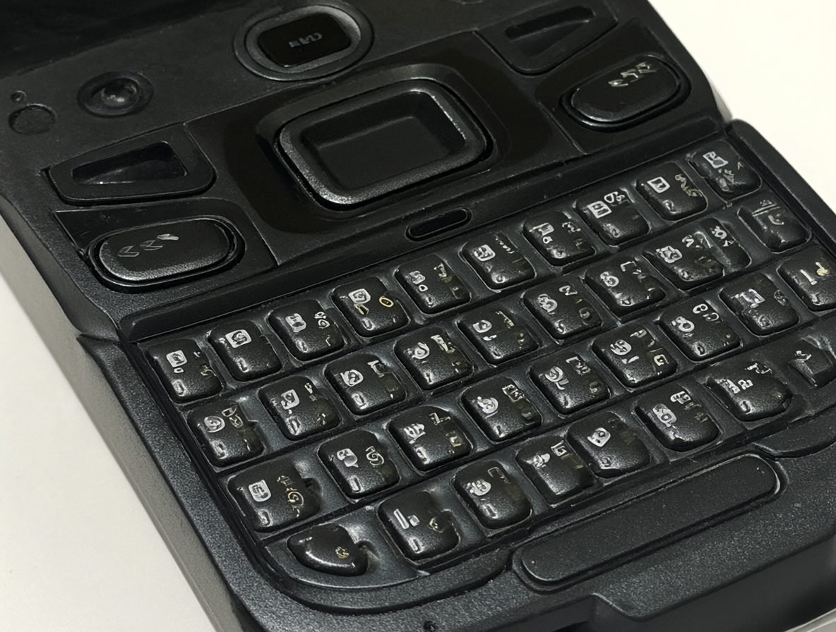 Stylized close-up showing the tactile feel of mechanical keys on a rugged smartphone chassis, contrasting with modern touchscreen designs.