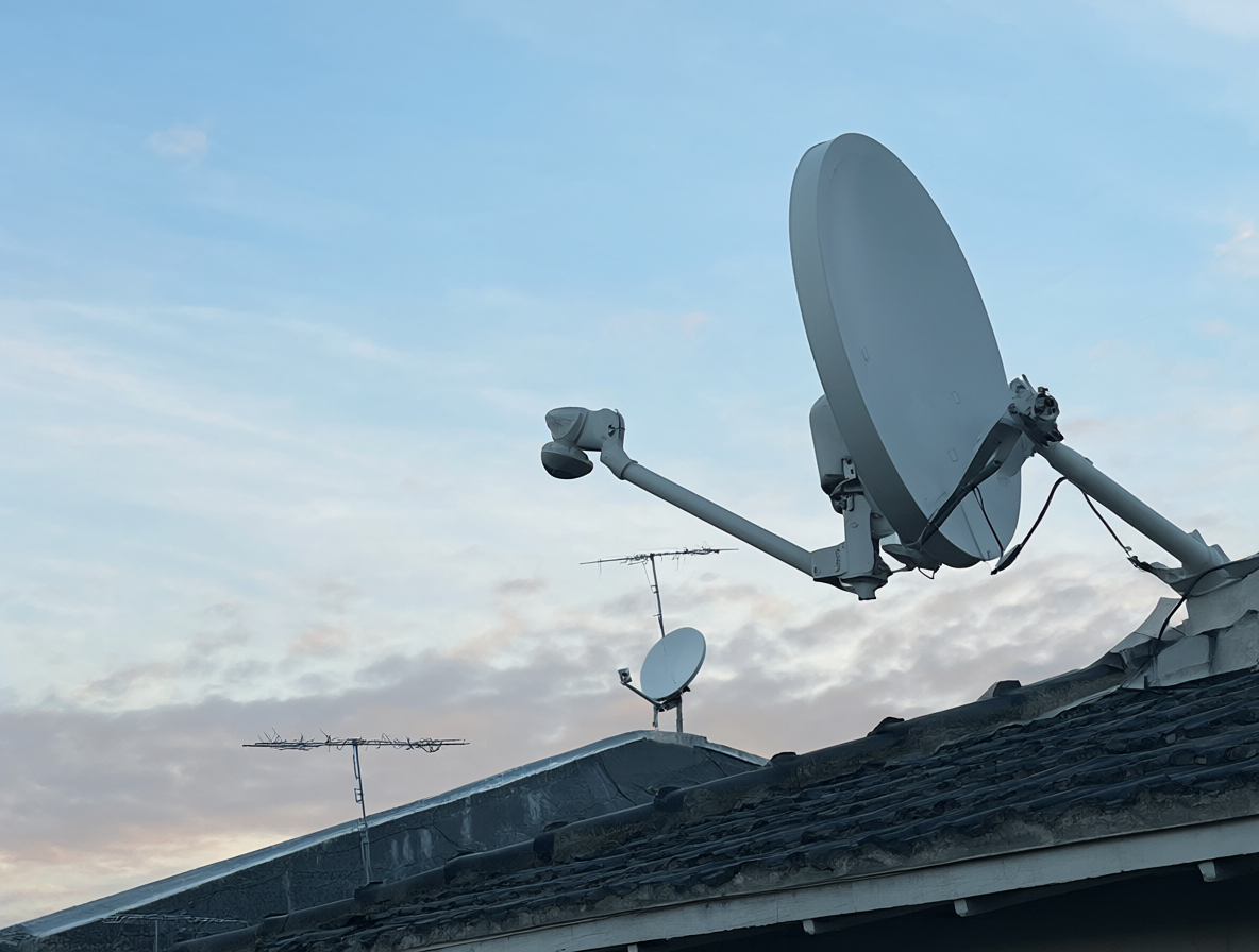 Antena Starlink instalada en un techo residencial bajo un cielo claro
