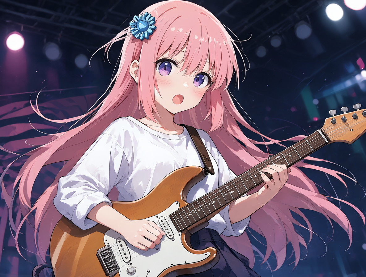 Ilustración artística de Hitori Gotō tocando la guitarra en el escenario