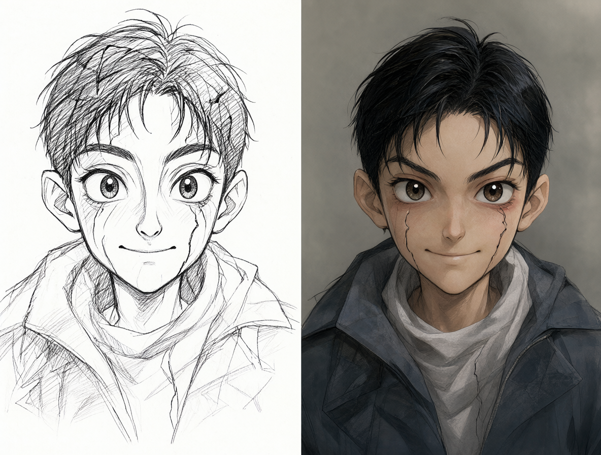 Imagen dividida mostrando el contraste físico entre el manga y el anime