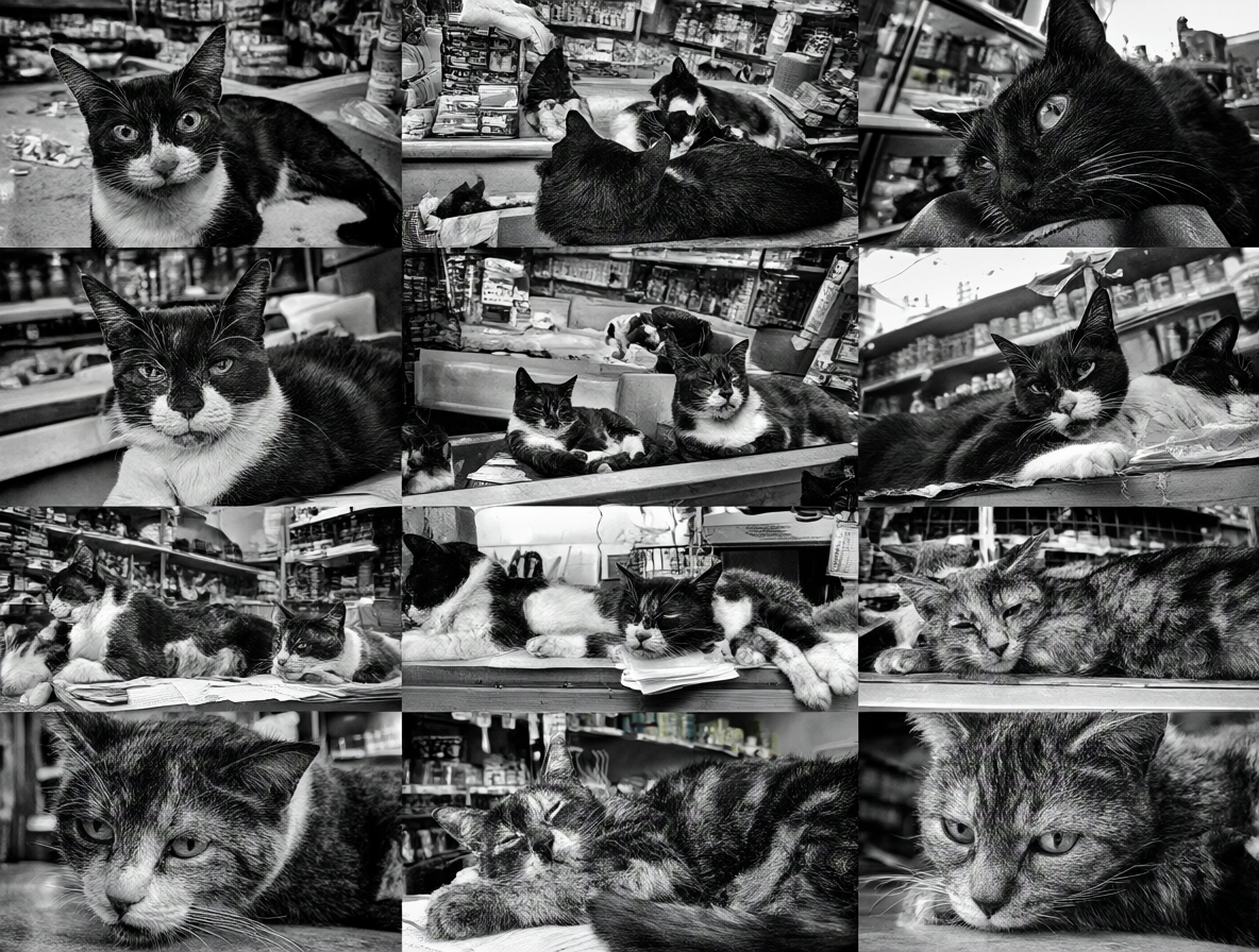 Varios gatos negros y blancos descansando sobre mostradores, cajas y estanterías dentro de una tienda de conveniencia neoyorquina.
