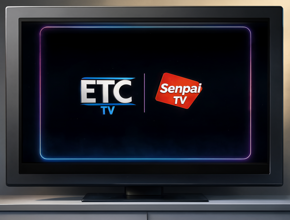Logotipos de los canales de anime ETC TV y Senpai TV en una pantalla de televisión moderna.
