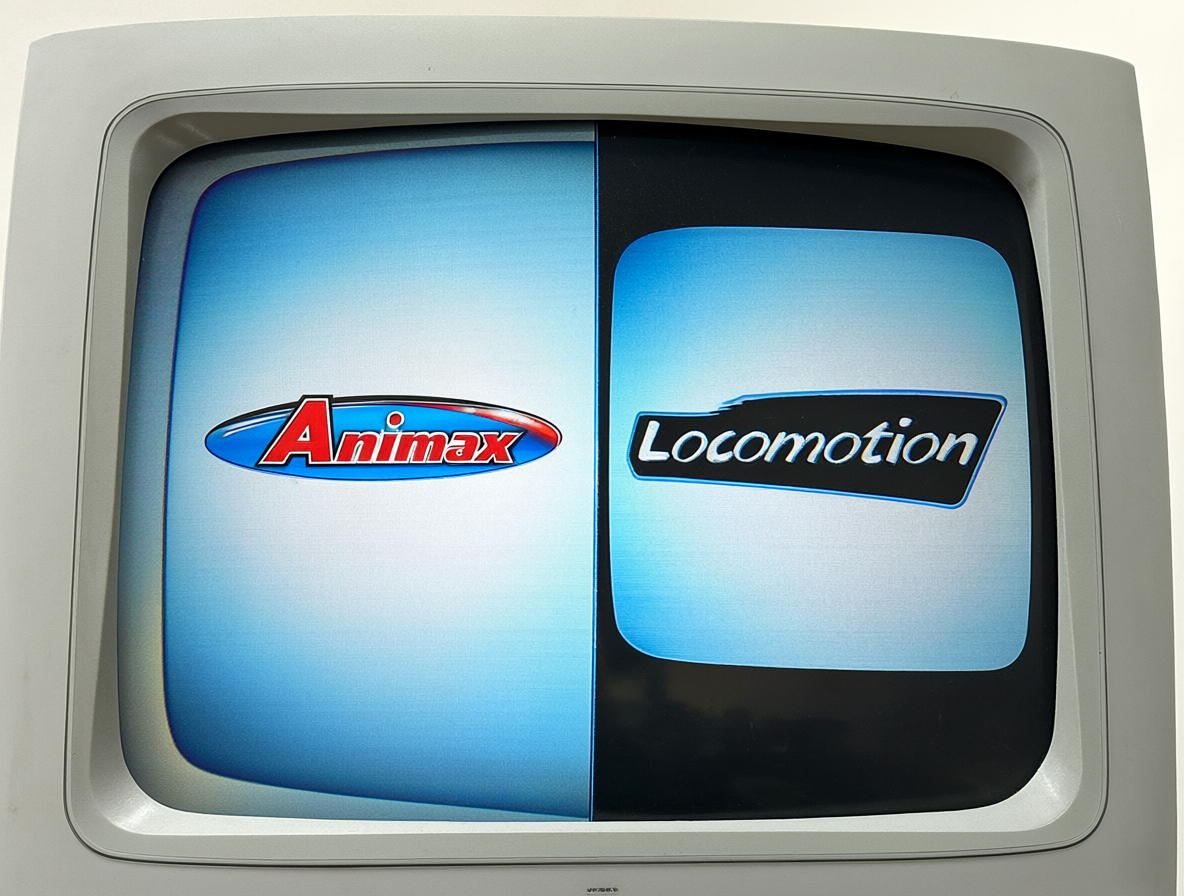 Monitor CRT antiguo mostrando los logotipos de los canales de anime Animax y Locomotion.