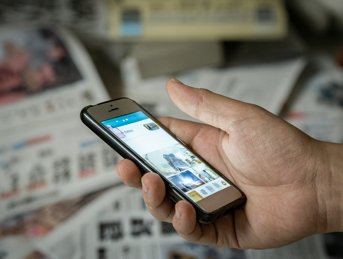 Close-up of a hand refreshing a smartphone screen against a backdrop of Japanese newspaper headlines.