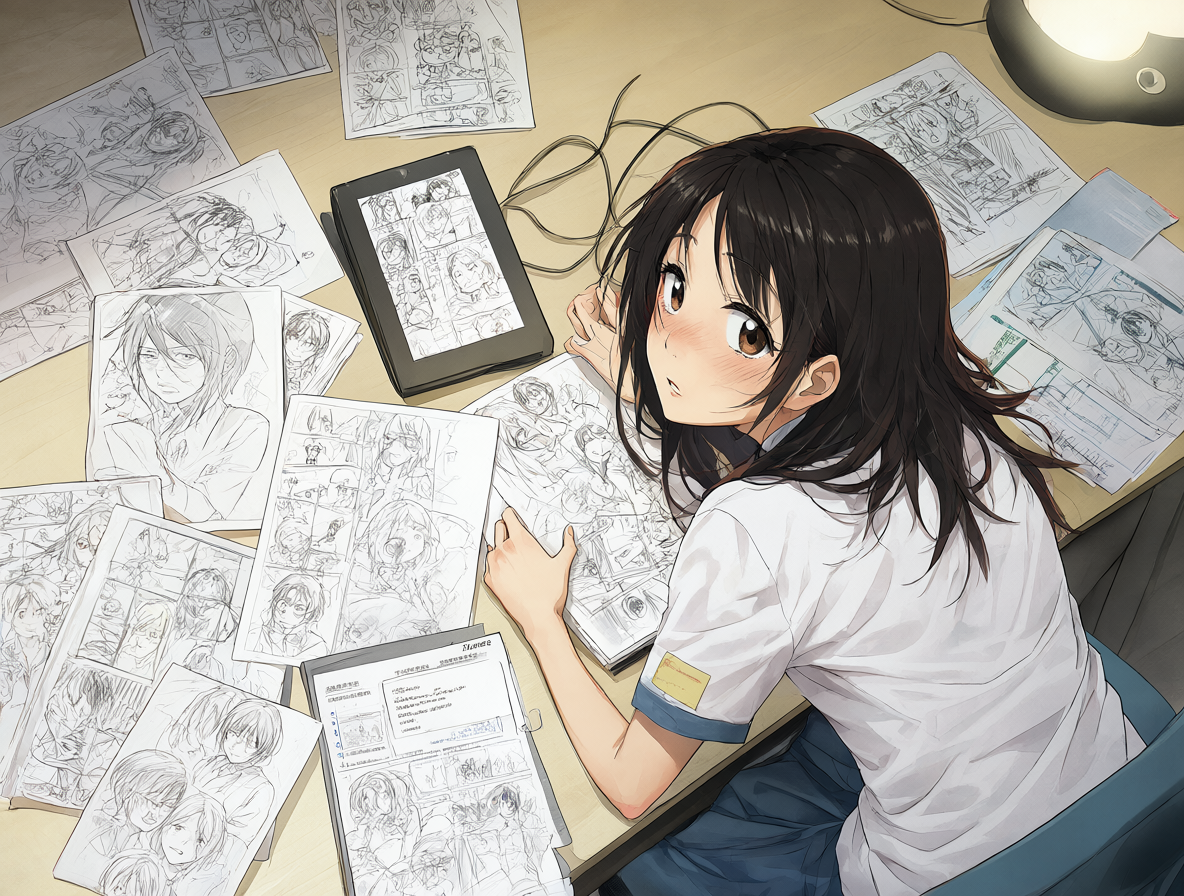 Mangaka Akane Shimizu working at a desk with sketches and tablets.