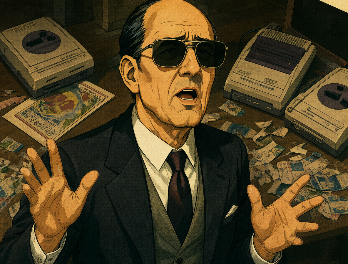 Retrato de Josué Yrion predicando frente a un fondo retro de consolas Nintendo y folletos antiguos