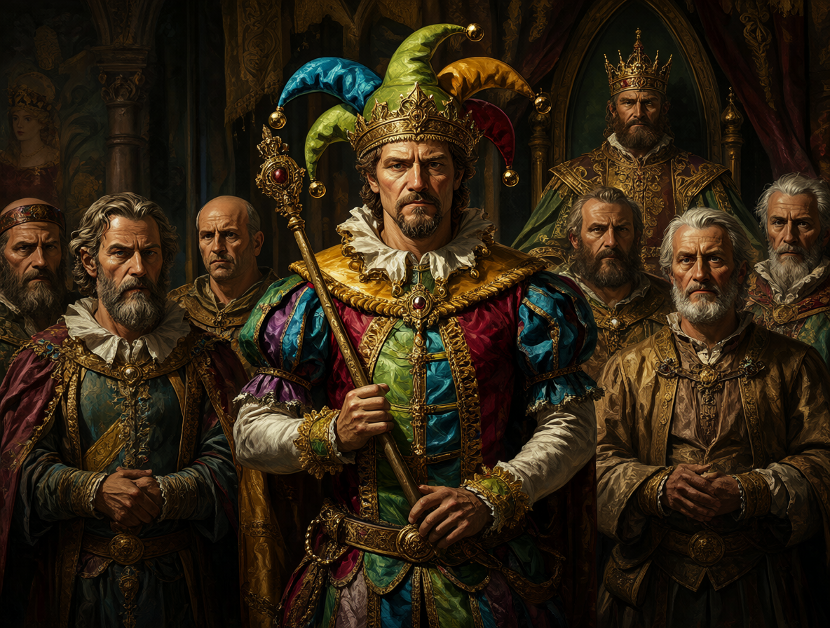 Ilustración digital de una escena de corte medieval con un bufón vistiendo ropaje colorido entre nobles serios, simbolizando su papel único.