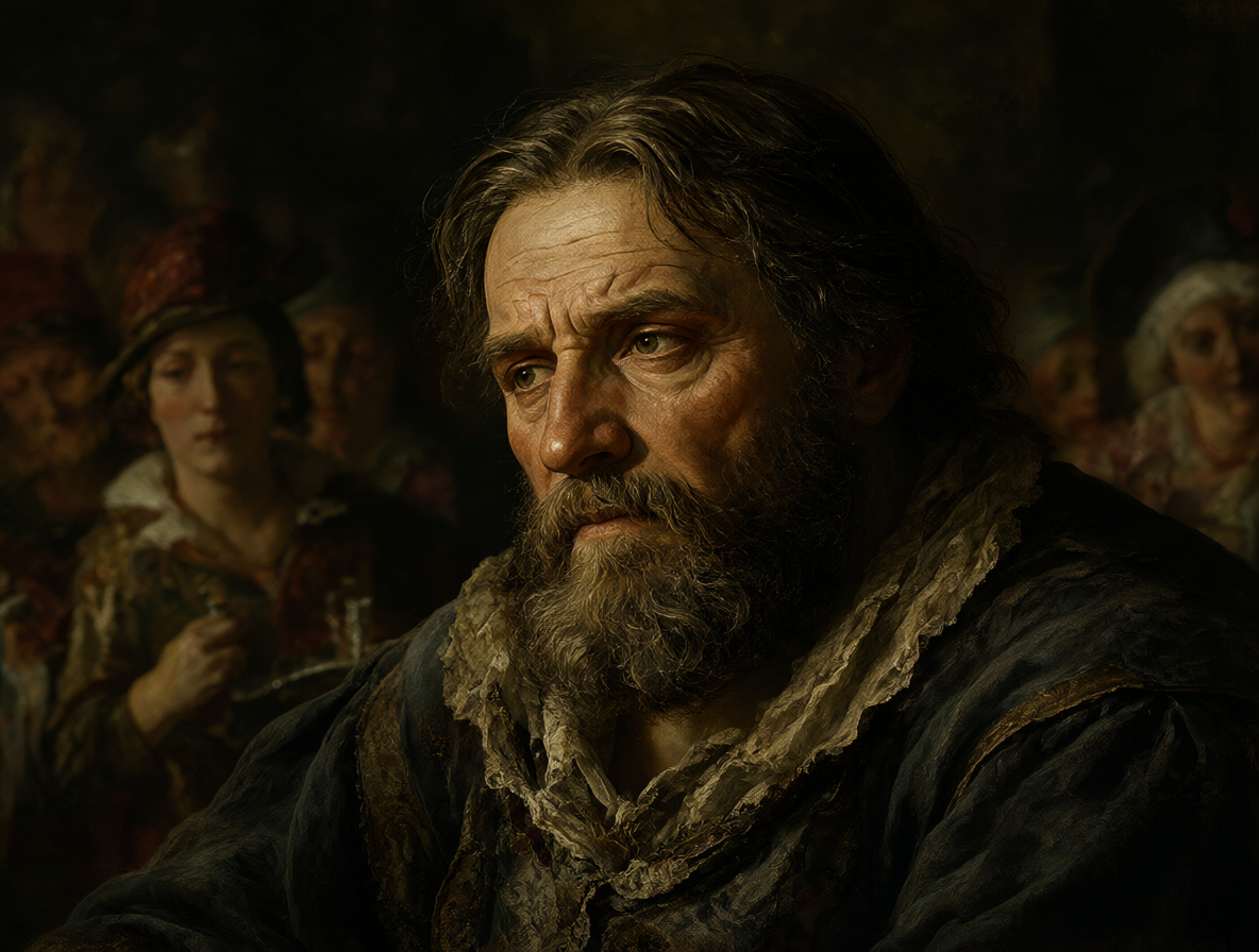 Retrato detallado de Stańczyk con una expresión melancólica, separado de la fiesta en el fondo.