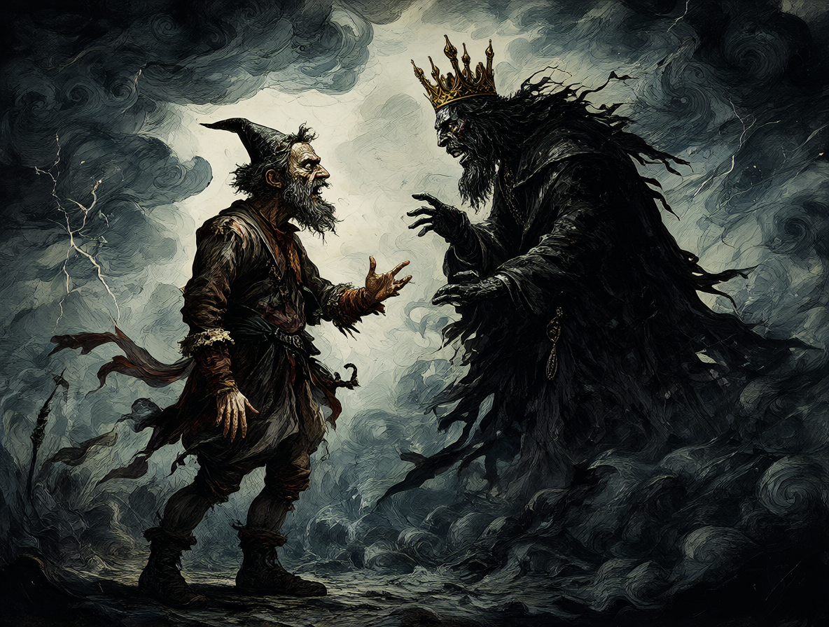 Ilustración dramática del bufón de King Lear frente a su rey en un entorno tormentoso y oscuro.
