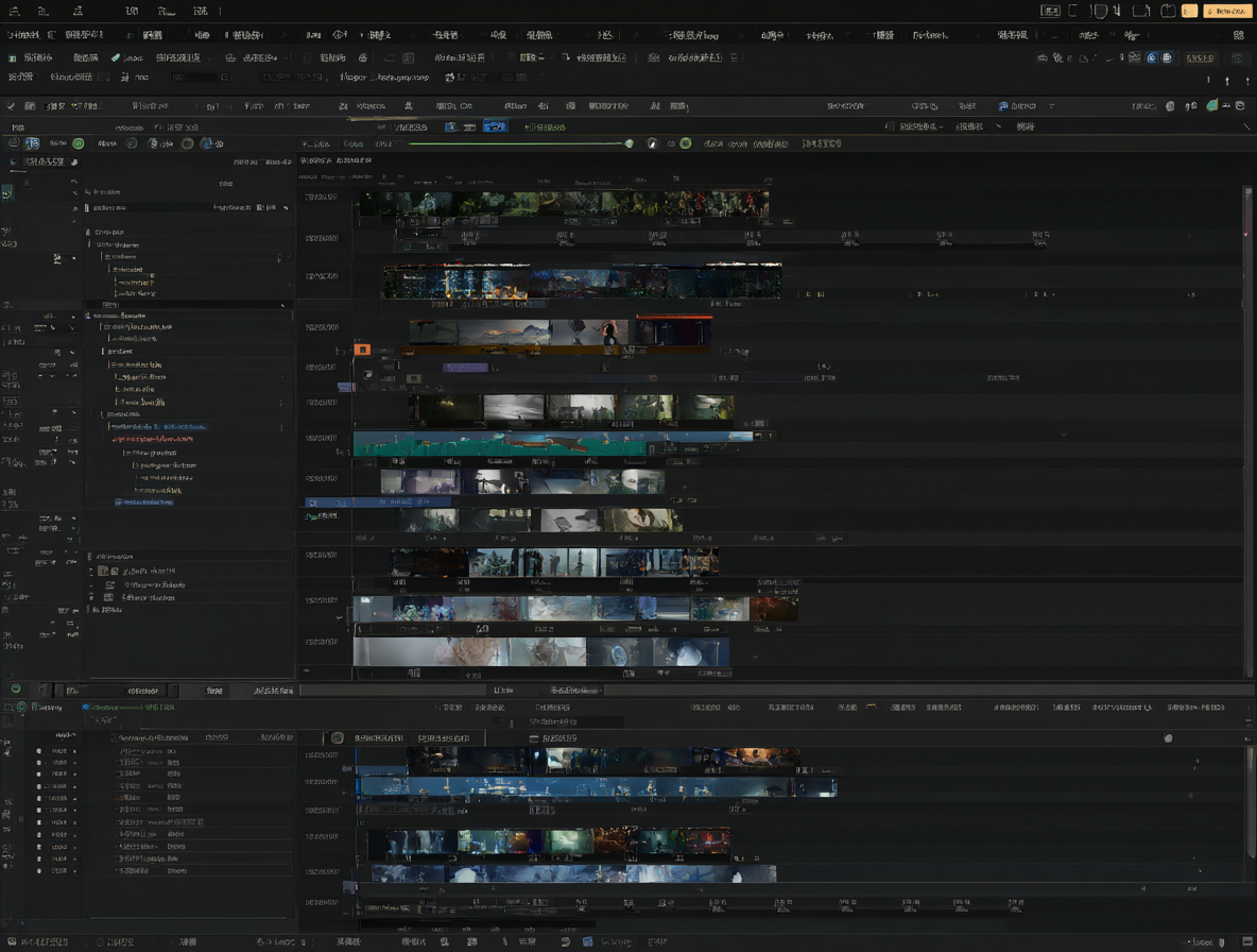 Captura de pantalla del editor de secuencia de video de Blender mostrando múltiples tiras de video dispuestas en la línea de tiempo.