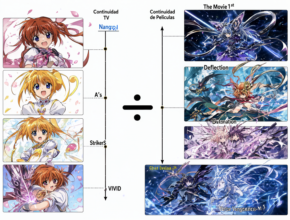 Gráfico que ilustra visualmente cómo se dividió la historia de Magical Girl Lyrical Nanoha en dos ramas narrativas distintas, mostrando los títulos clave de cada una.