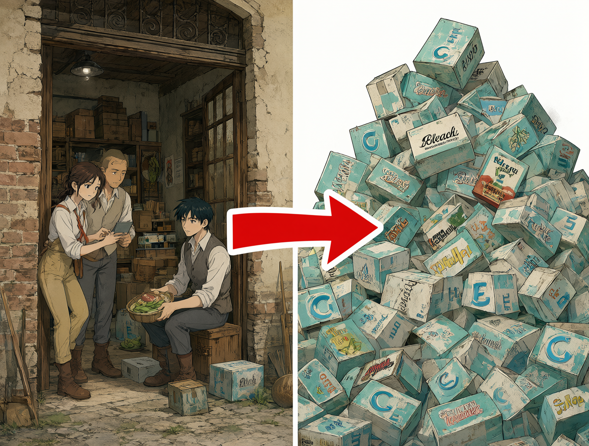 Gráfico dividido que muestra la tensión comercial entre las dos empresas, con cajas de manga antiguas a la espera de liquidación.