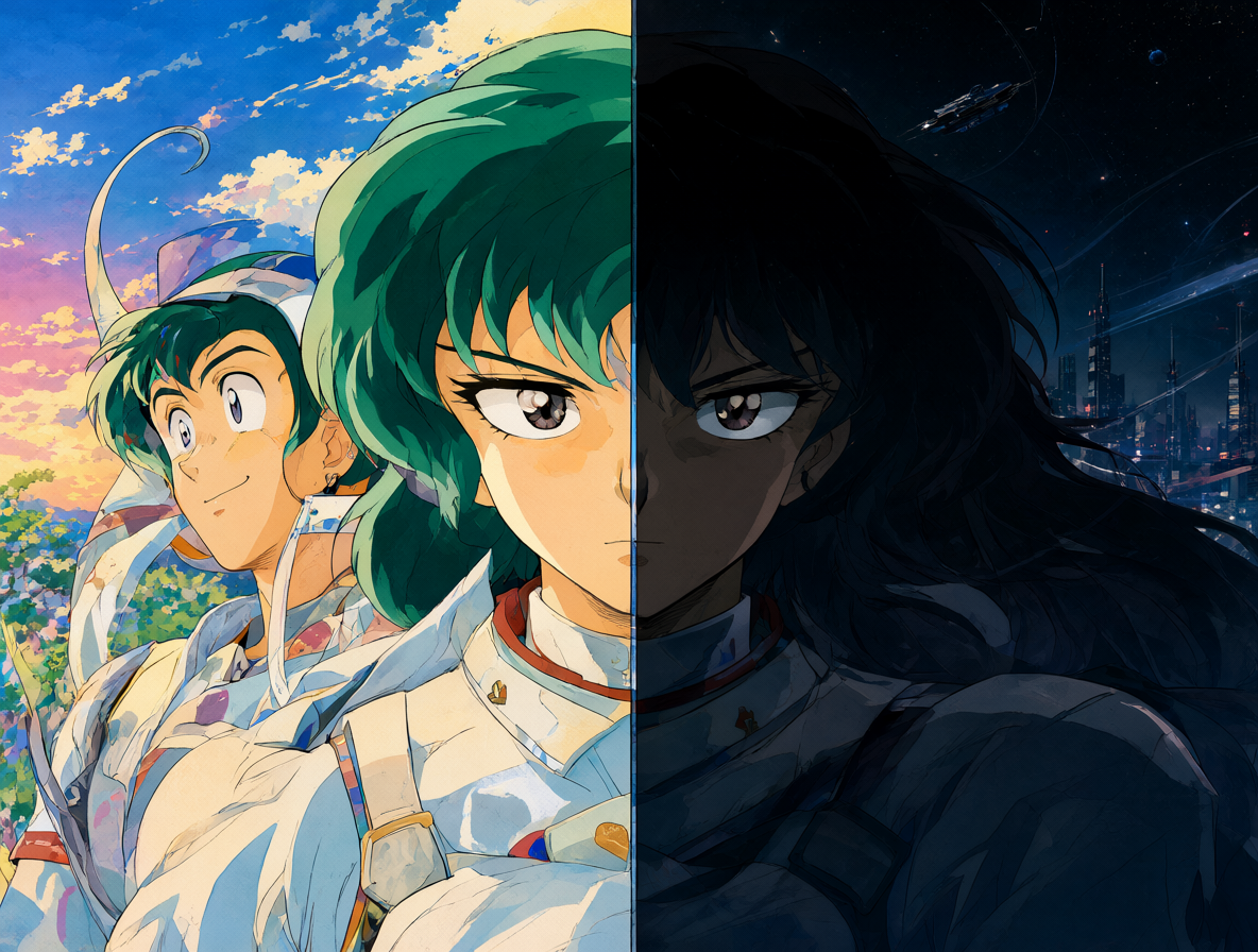 Ilustración cinematográfica mostrando la dicotomía artística entre Rumiko Takahashi y Mamoru Oshii.
