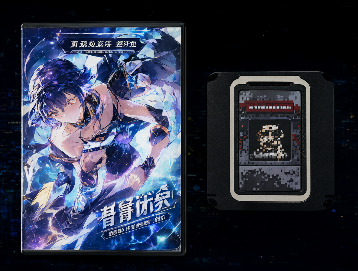 Una composición dividida mostrando una portada de anime y un cartucho de videojuego.