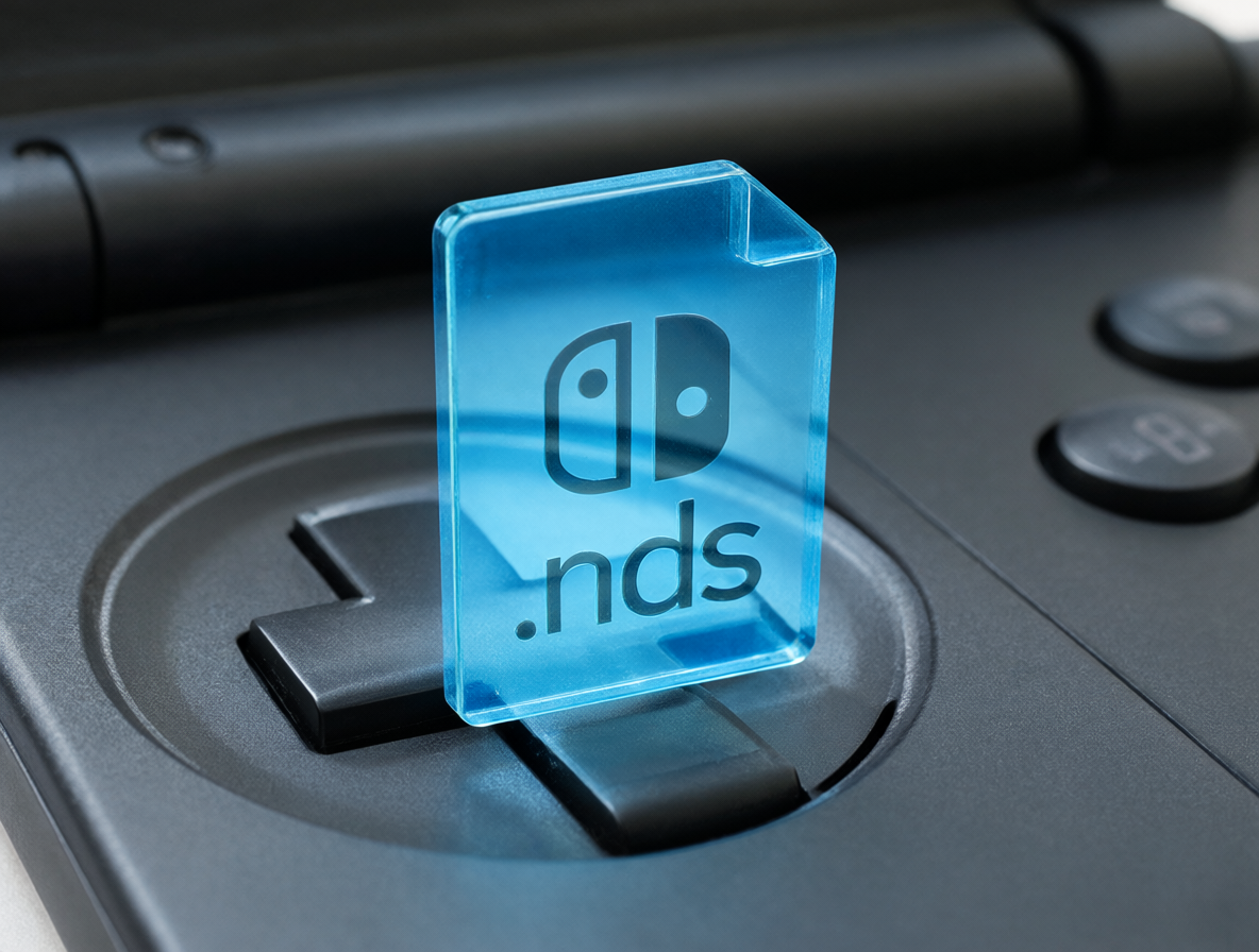 Slot de cartucho de Nintendo DS con un icono de archivo flotante.