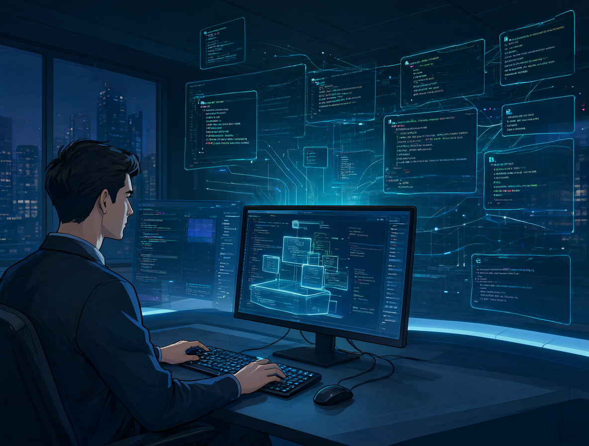 Un desarrollador humano utilizando herramientas de IA para generar código y diseñar arquitecturas, simbolizando el futuro híbrido del desarrollo de software.
