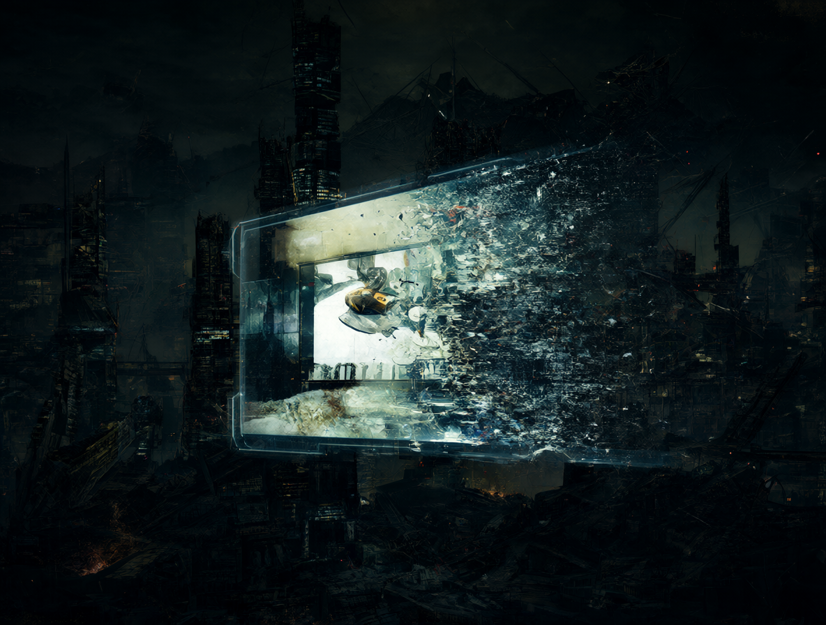 Vista abstracta de una ciudad futurista en ruinas, con una pantalla holográfica brillante mostrando un antiguo tráiler de película que se desvanece en estática digital.