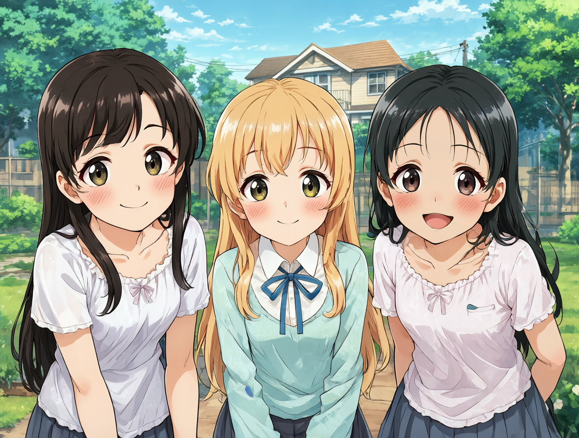Las hermanas Haruka, Kana y Chiaki Minami en un parque soleado