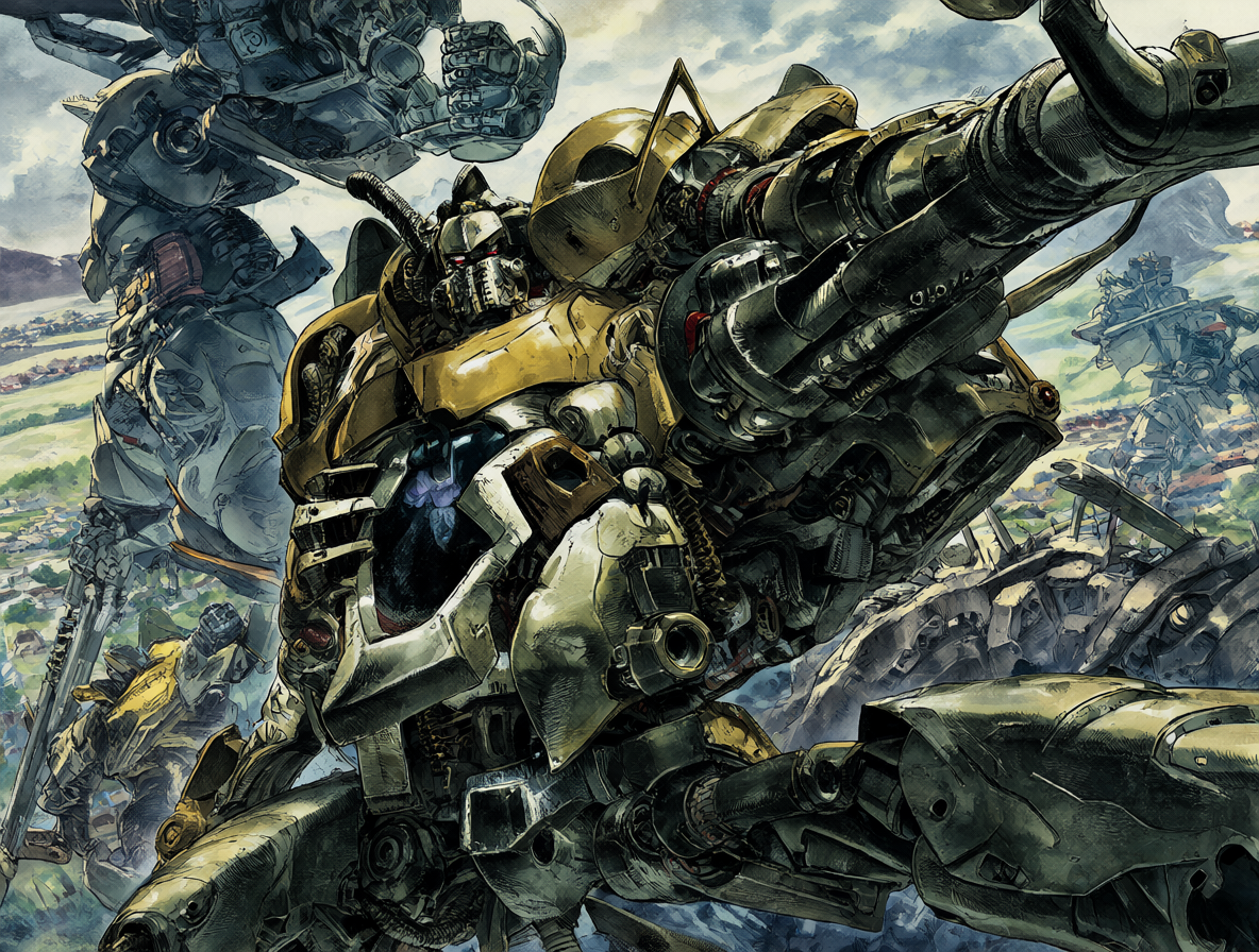 Ilustración del piloto Chirico Cuvie y su mecha Scopedog en medio de una batalla épica dentro del universo de VOTOMS.