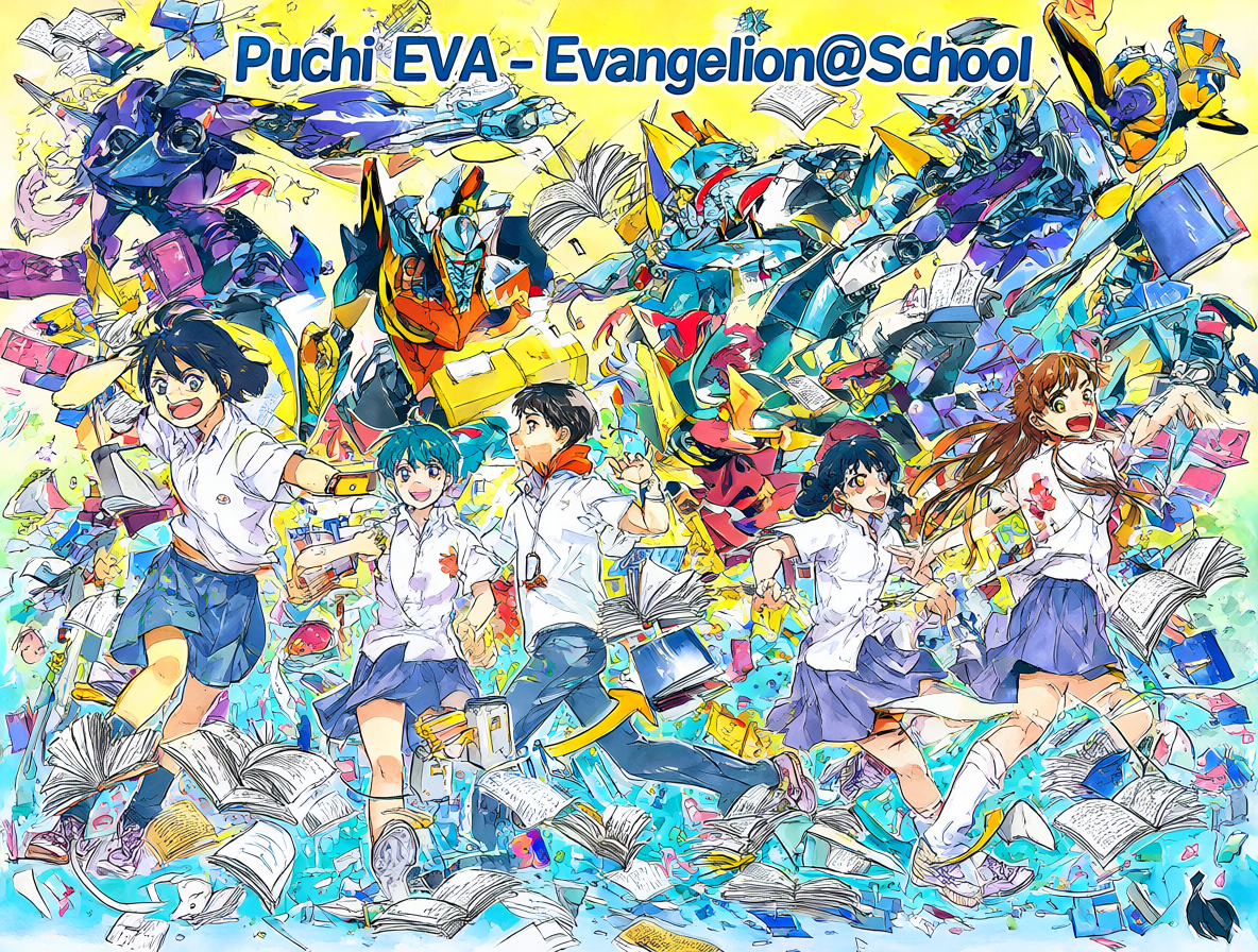 Ilustración del título Puchi EVA con temática escolar y mechas