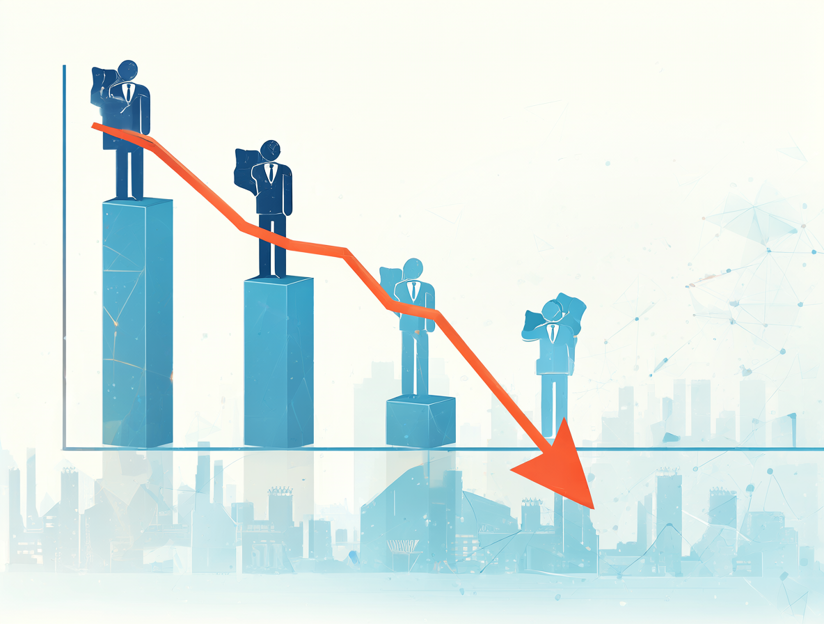Gráfico de barras bajando que simboliza la caída económica y desempleo generalizado.